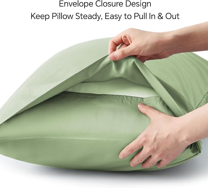 BEDELITE Sage Green Pillow Cases Queen Size Set of 2, Rayon Derived from Bamboo，Cooling Pillow Cases for Hot Sleepers & Night Sweats, Breathable and Silky Soft Envelope Pillowcases, 20"x30"