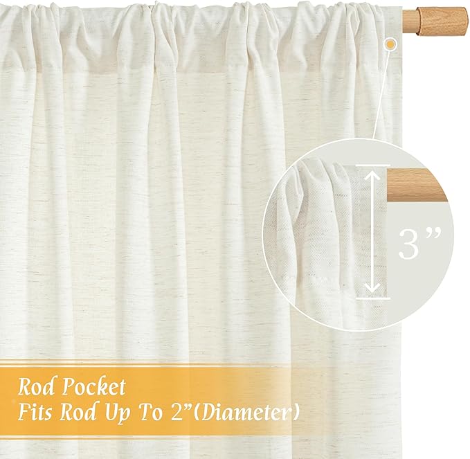 LAMIT Cream Linen Curtains 48 Inch Length 2 Panels, Light Filtering Faux Linen Textured Panels Rod Pocket Neutral Privacy Drapes for Kitchen/Window/Loft Room/Bedroom, 42 x 48 Inch