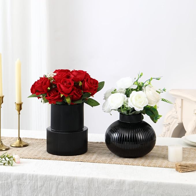 Ribbed Glass Vases, Set of 2 Flower Vases, Black Vase for Tulips, Modern Vase for Living Room, Kitchen, Office, Entryway, Mantle, Bookshelf, Wedding Gifts, Birthday