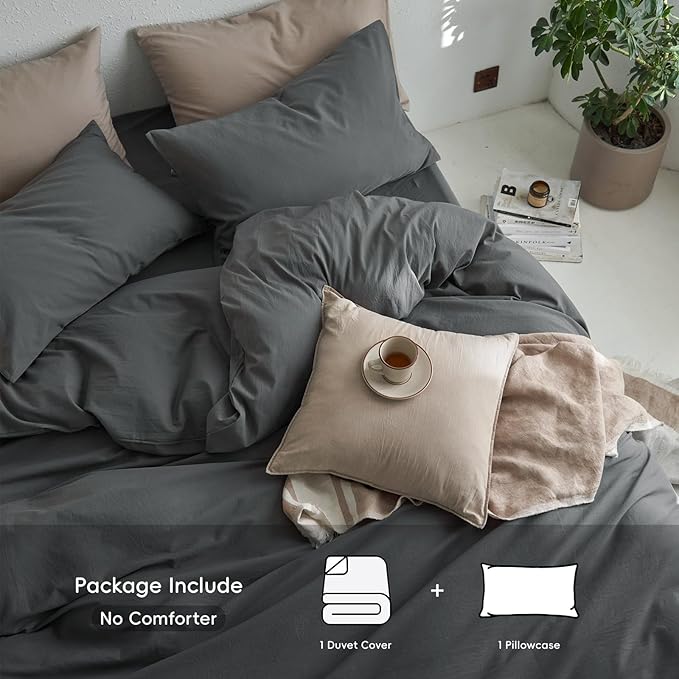 MooMee Twin Duvet Cover Set, 100% Washed Cotton Linen Like Twill Thick Sturdy Material Super Soft Breathable Durable Bedding for All Season, 2 Pieces (Dark Gray, Twin 68"x90")