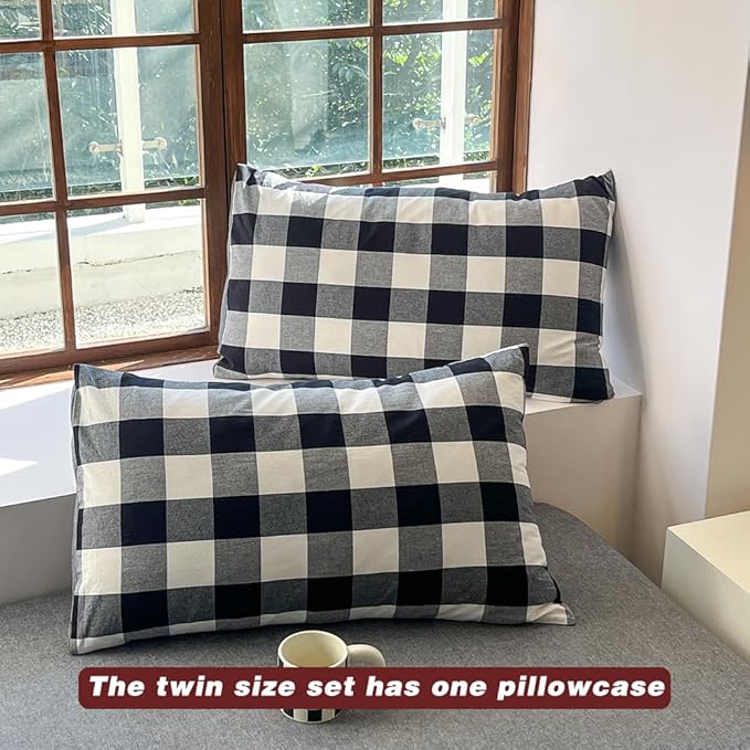 FACE TWO FACE Bedding Duvet Cover Set100% Washed Cotton Duvet Cover Linen Like Textured Breathable Durable Soft Comfy (Twin, Black and White Grid)