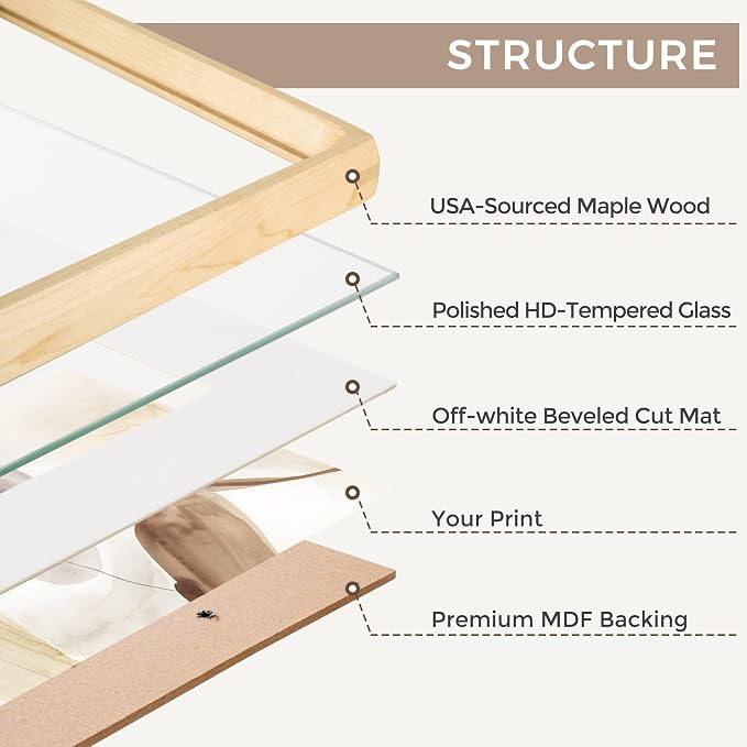 12x12 Frame, USA-Sourced Maple Wood Photo Frames with HD Tempered Glass, Handcrafted Rounded Corner Square Wooden Frames Matted to 8x8 Photos, 12x12 Picture Frame, Tabletop or Wall Display