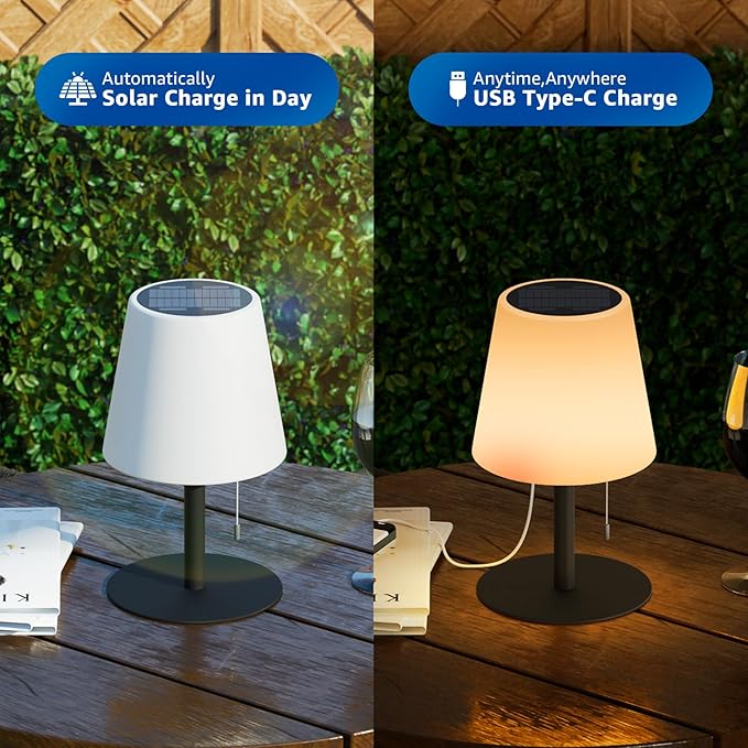 uuffoo 2 Pack Solar Lamp Outdoor Waterproof 8 Colors Rechargeable Cordless, Eye-Caring Dimmable Solar Lights LED Battery Operated Portable for Indoor Outdoor Garden Patio (2PCS Black)