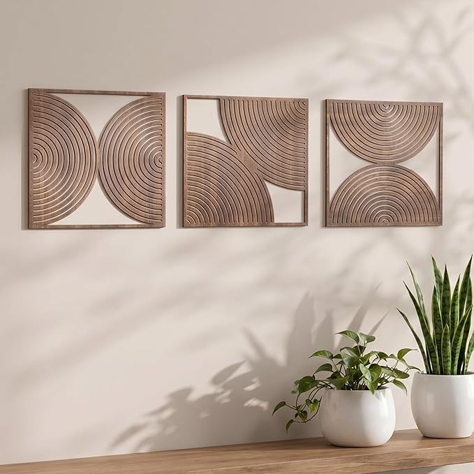 Yerliker 3 Pcs Mid Century Modern Wood Wall Art Decorations 3D Geometric Abstract Wall Sculpture for Living Room Bedroom Office Minimalist Aesthetic(Mid Century,11.8 x 11.8 x 0.2 Inch)