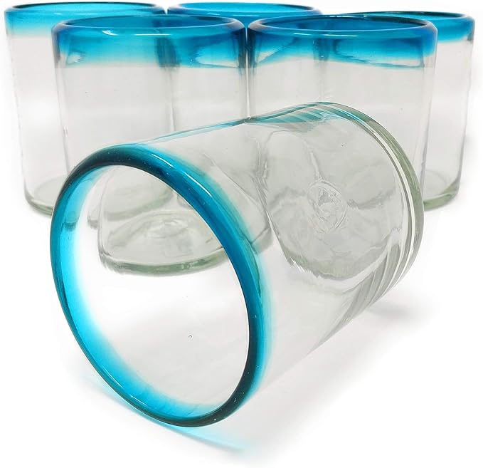Dos Sueños Hand Blown Mexican Drinking Glasses - Set of 6 Tumbler Glasses with Aqua Blue Rims (10 oz each)