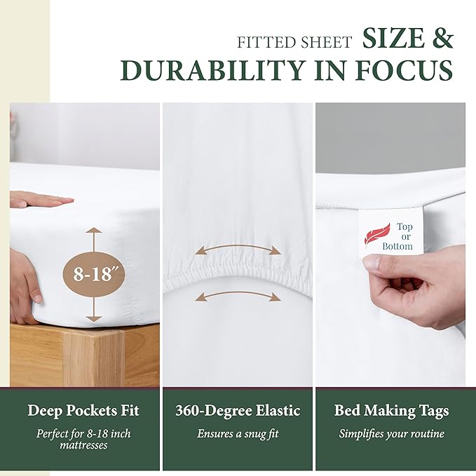 100% Organic Cotton Sheets Twin XL Size - Organic Cotton Twin XL Size Percale Weave Sheet Set (3 PC, White), Soft, Cooling, Crisp & Breathable, 16" Deep Pocket Hotel Bedding Set