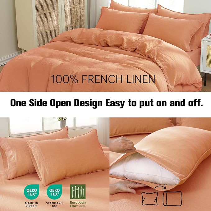 S VICTORY SYMBOL 100% Organic Linen Duvet Cover Set 3PCS Queen Size,Stone Washed French Flax Bedding,1 Comforter Cover and 2 Pillowcases Solid Color Bedding Set(Peach)
