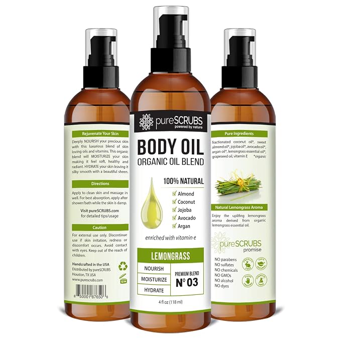 pureSCRUBS Ultra Moisturizing Lemongrass Body Oil for Dry Skin, 4 oz | Luxurious After Shower Body Oil for Soft, Silky, Glowing Skin, Non-Greasy, Fast Absorbing & Hydrating Formula with Vitamin E