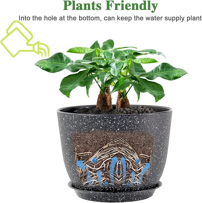 UOUZ 12inch Large Plant Pot, Modern Plastic Planter with High Driange Holes and Saucer for Indoor Outdoor Garden Plants and Flowers, Black Speckles