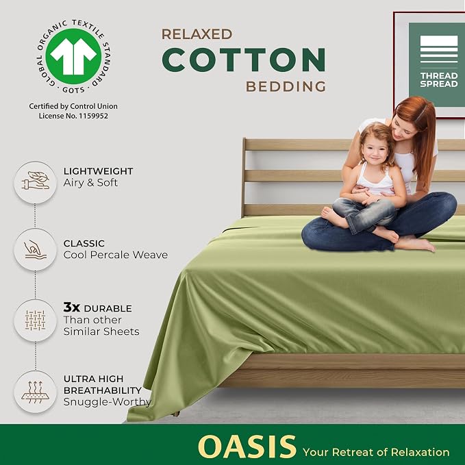 THREAD SPREAD 100% Organic Cotton Percale Flat Sheet Full Size - 1 PC Flat Sheet, Sage Green - Crisp, Cool and Strong Bed Linen, Top Sheets for Hot Sleepers, Luxury Breathable GOTS Certified Sheets