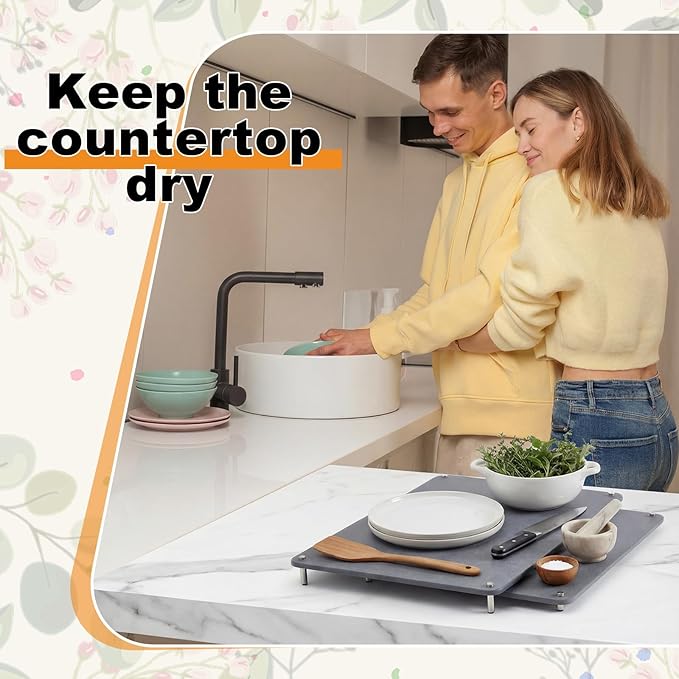 2 Pcs 24"x16" & 20"x16" Extra Large Nesting Stone Dish Drying Mats for Kitchen Counter Absorbent Quick Dry Diatomaceous Earth Mat with Non-slip Feet for Pot Dishes Cups Tableware (Dark Gray)