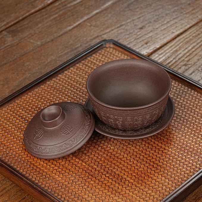 Yixing Zisha Purple Clay Gaiwan 5 Oz/150ml,Chinese Kungfu Tea Bowl Cup,Blooming and Loose Leaf Tea Maker Set -Baifu,Purple Clay