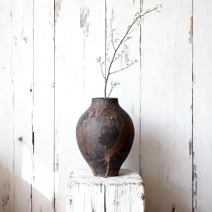 Wabi Sabi Vase 11.8in, Brown Ceramic Vase with Waterproof Coating, Rustic Ceramic Vase Large for Table Centerpiece, Entryway Shelf Decor, Rustic Farmhouse Pottery Vase