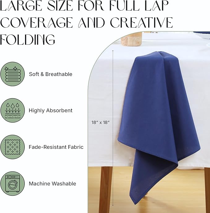 Cloth Napkins Set of 12, 100% Cotton Fabric Reusable Dinner Napkins, 18 x 18 Inch Washable Table & Kitchen Napkins for Everyday Dining, Entertaining, Home & Restaurant Use, Ocean Blue