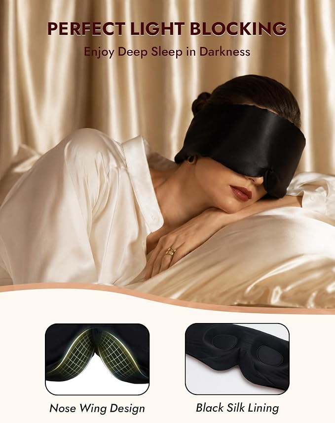 SilkSilky Silk Sleep Mask for Side Sleepers - 22 Momme 100% Mulberry Silk, Wide Face-Hugging 3D Eye Mask for Total Blackout, Zero Pressure & Adjustable Band for Women Men (Black)