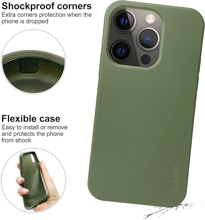 eplanita Eco Mobile Phone Case Compatible with iPhone 15 Pro, Plant Fiber, Drop Protection Cover, Durable and Sustainable (for iPhone 15 Pro, Khaki)