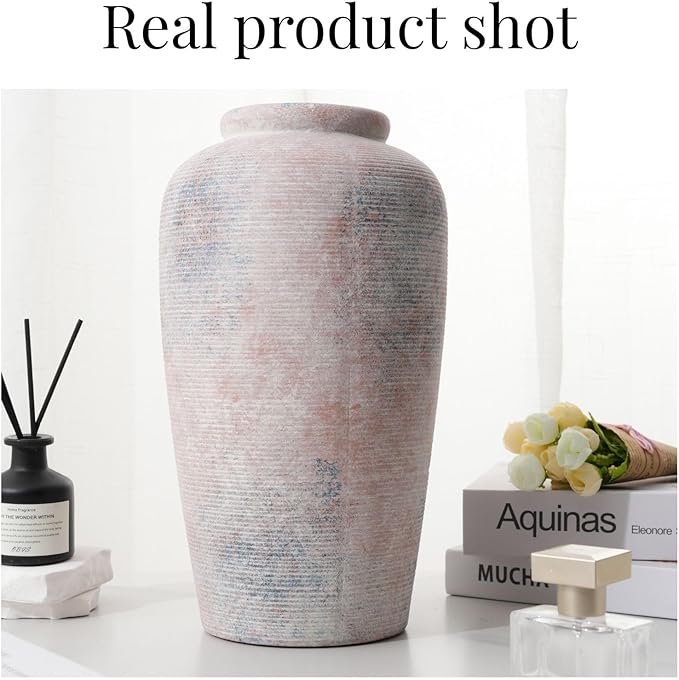 Rustic Distressed Ceramic Threaded Vase, 11" H Handmade Wabi Sabi Decor Vase (Antique Terracotta with Lime White & Distressed Black Patches) for Living Room Table Centerpieces, Entryway & Fireplace