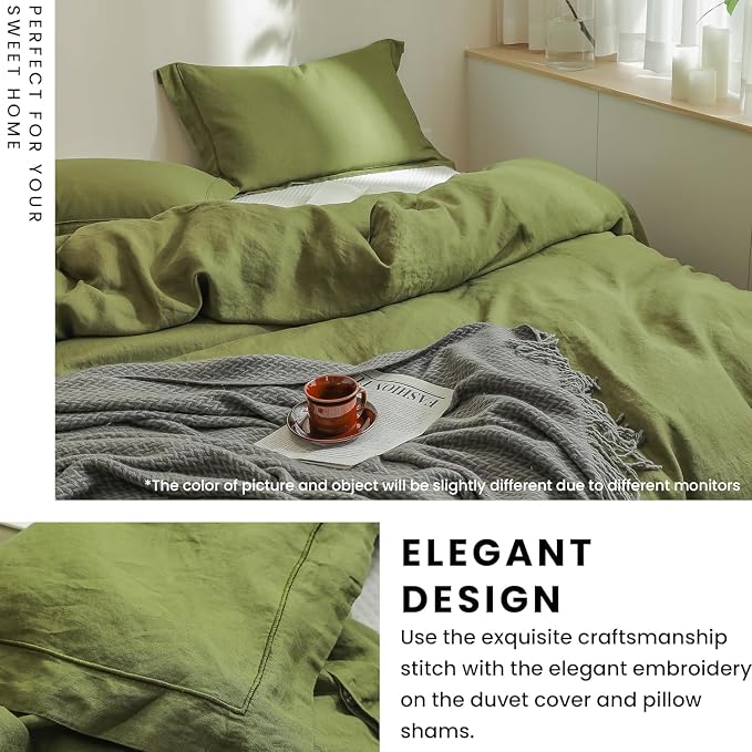 Simple&Opulence 100% Linen Duvet Cover Set with Embroidery Border Washed - 3 Pieces (1 Duvet Cover & 2 Pillow Shams) with Button Closure Soft Breathable Farmhouse - Olive, Queen Size