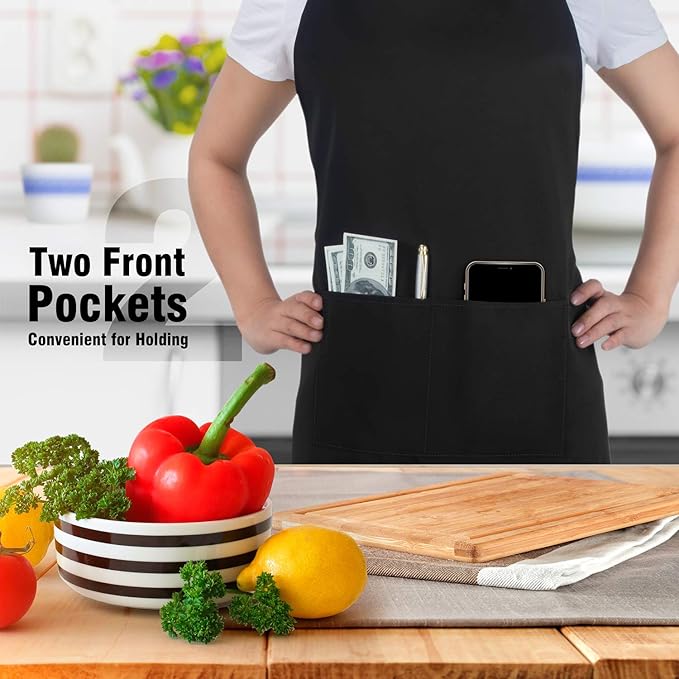 Xornis 2 Pack Adjustable Bib Aprons with 2 Pockets Apron for Women Men Kitchen Cooking Chef, Black