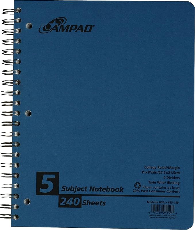 Earthwise by Oxford Recycled 5-Subject Notebook, 8-1/2" x 11", College Rule, 3-Hole Punched, 240 Sheets (25-159R)