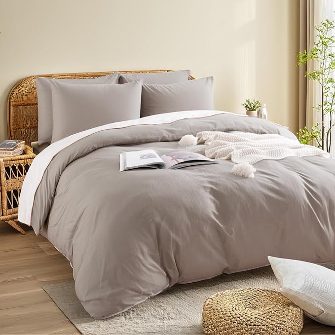 NEXHOME PRO Duvet Cover Full 100% Washed Cotton Linen Feel Textured Organic Natural 3 Pieces Bedding Set with Zipper Closure and Corner Ties, Breathable(Taupe Grey)