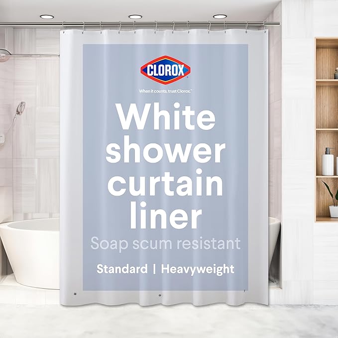Clorox Shower Curtain Liner, Premium Lightweight Flexible Waterproof 8g PEVA for Bathroom with Weighted Magnets, Standard Size 72" x 72", White 1 Pack