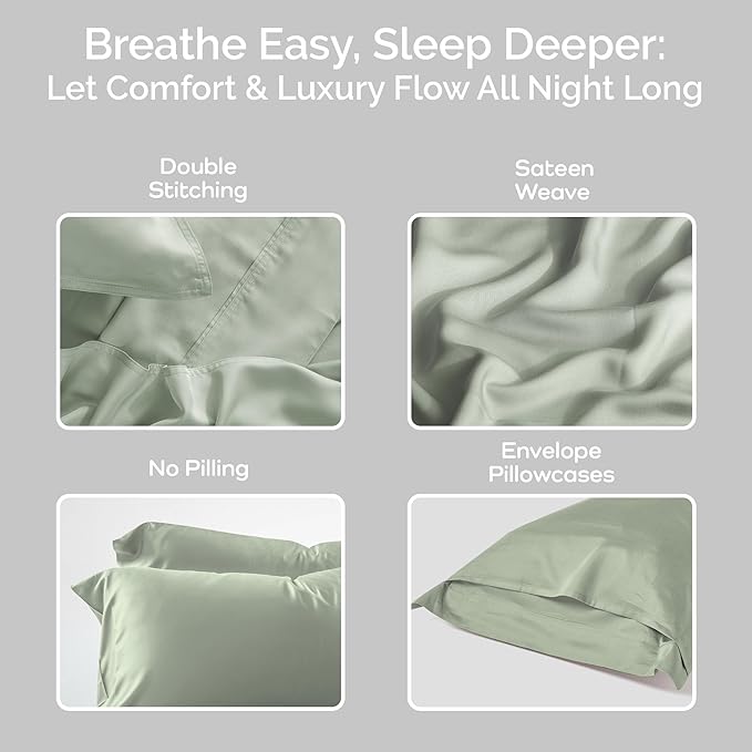 Pillow Cases Queen Size Set of 2 Pillowcases 100% Viscose from Bamboo Cooling Pillowcases, Soft & Breathable Pillow Case with Envelope Closure, Green Pillow Cases (Sage)