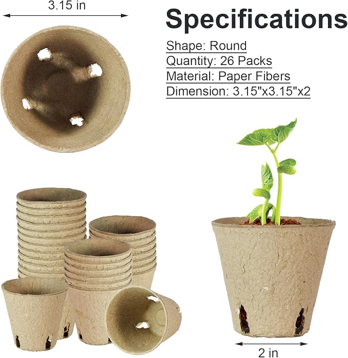 26 Pcs Peat Pots, Biodegradable Pots for Seedlings with Drain Holes, Garden Plant Nursery Pots for Plants, Vegetables,Fruits and Herb (26)