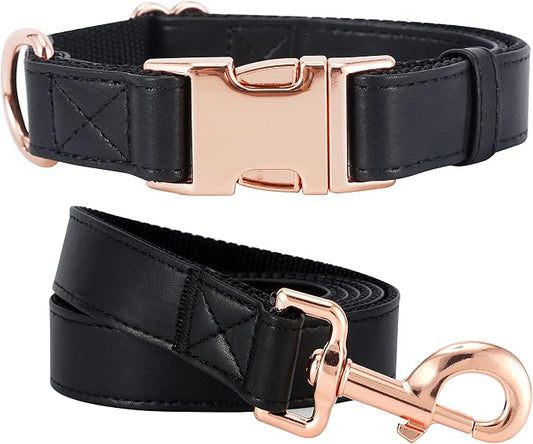 Dog Collar and Leash Set.Soft and Easy to Clean Vegan Leather with Rose Gold Metal Buckle for Small Medium Large Dogs (Black, M(13.8"-19.7"))