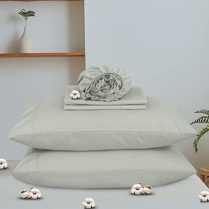 RUVANTI 100% Cotton Organic Percale Sheets Full Size – Crisp Cooling Bed Sheets for Hot Sleepers, Deep Pocket 15”, Soft Peach Finish, Breathable & Durable Hotel-Style 4 Pcs, Mineral Gray