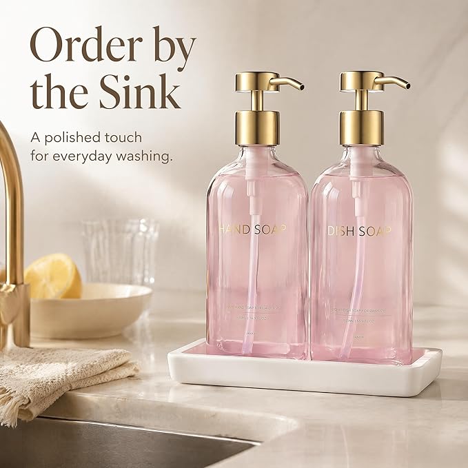 Glass Kitchen Soap Dispenser Set with Ceramic Tray,16.9 floz Hand and Dish Soap Dispenser for Kitchen and Bathroom Decor (Pink Bottles + Gold Pumps)