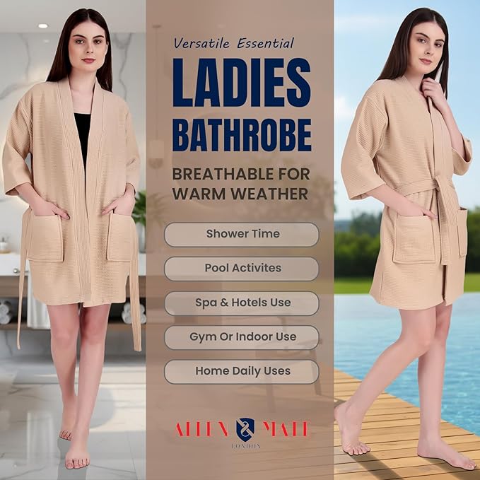 ALLEN & MATE 100% Cotton Women's Short Robe Dual Fabric Waffle Outside & Terry Towel Inside Kimono Bathrobe Medium Weight
