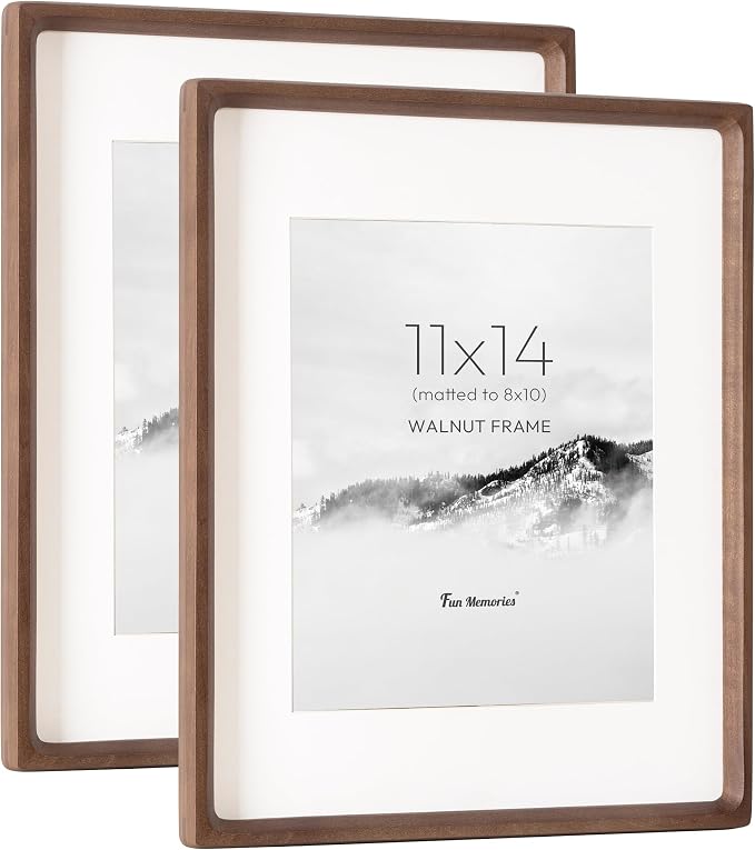 11x14 Picture Frame, USA-Sourced Walnut Wood Photo Frame with HD Tempered Glass, Handcrafted Rounded Corner 11 x 14 Wooden Frames Matted to 8x10 Photos, Horizontal or Vertical Wall Display-2p | Hd Tempered Glass