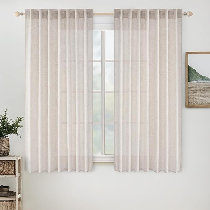 MIULEE White Linen Curtains 63 Inch Length 2 Panels for Bedroom Living Room, Soft Thick Linen Textured Natural Kitchen Window Drapes Semi Sheer Light Filtering Back Tab Rod Pocket Burlap Look Decor