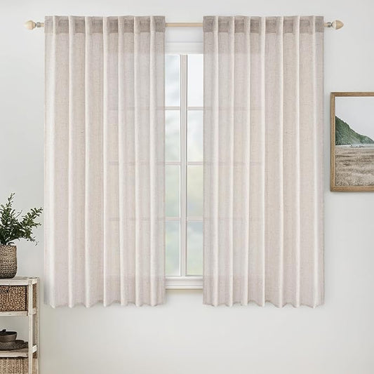 MIULEE White Short Linen Curtains 45 Inch Length 2 Panels for Kitchen Bedroom Bathroom, Soft Thick Linen Textured Natural Basement Window Drapes Semi Sheer Light Filtering Back Tab Rod Pocket
