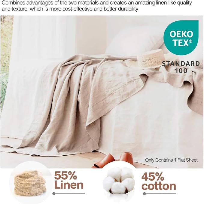 BISELINA Linen Sheet French Flax Flat Sheet Only 55% Euro Flax 45% Cotton Basic Style Solid Color Soft Breathable Farmhouse Top Sheet 1-Piece (King, Linen)