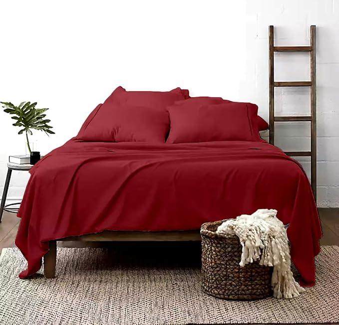 100% Real Certified Organic Cotton Bedsheet Set, Queen Size 6 Piece 800-Thread-Count Sheet Set, [1 Fitted + 1 Flat + 4 Pillowcases], Extra 30" Deep Pocket - Burgundy