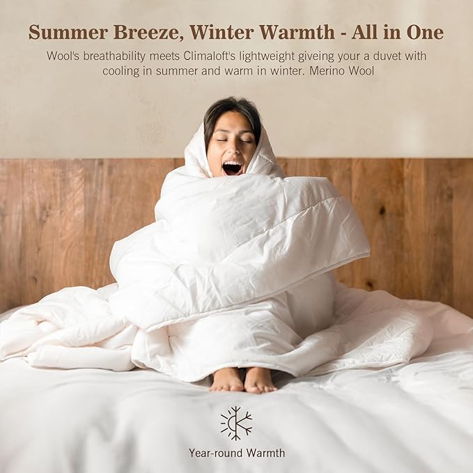 Hybrid Australian Wool Comforter Full Size with 100% Organic Cotton, Hypoallergenic Luxury Duvet Insert with Tabs, Temperature Regulating All-Season Bedding, White