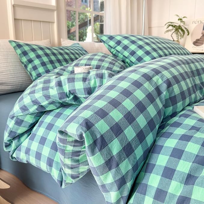 FACE TWO FACE Bedding Duvet Cover Set100% Washed Cotton Duvet Cover Linen Like Textured Breathable Durable Soft Comfy (King, Blue Green Grid)