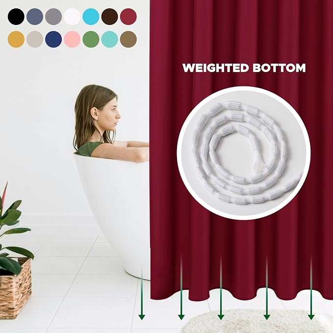 Biscaynebay Quality Fabric Shower Curtain Liners 72 Inch by 72 Inch, Burgundy Water Resistant Bathroom Curtains Rust Resistant Grommets & Weighted Bottom Hem Machine Washable