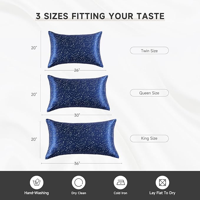 THXSILK Set of 2 Mulberry Silk Pillowcase for Hair and Skin Health, Smooth Mulberry Silk Pillowcase with Hidden Zipper, Breathable and Natural(Standard 20"x26", Navy Blue Constellation Pattern)
