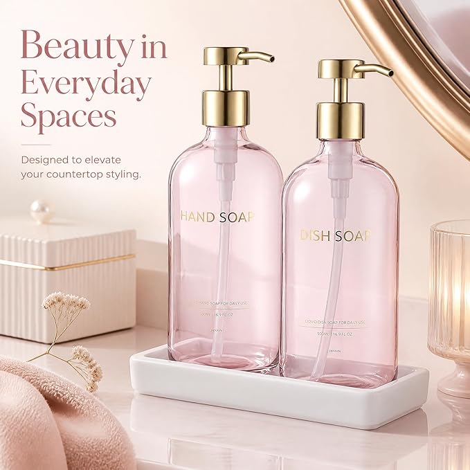 Glass Kitchen Soap Dispenser Set with Ceramic Tray,16.9 floz Hand and Dish Soap Dispenser for Kitchen and Bathroom Decor (Pink Bottles + Gold Pumps)
