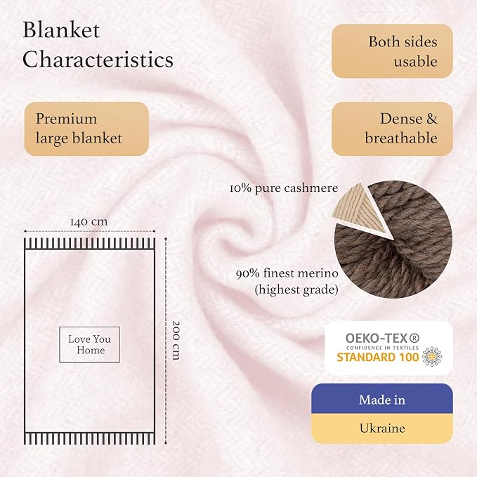LYHome Cashmere Blanket with Merino - Luxury Wool Throw Soft Cozy and Warm, Decorative Throws Couch Bed Sofa, Warmest Blankets for Travel Camping & Cold Weather (55x79 | Pink with White Herringbone)
