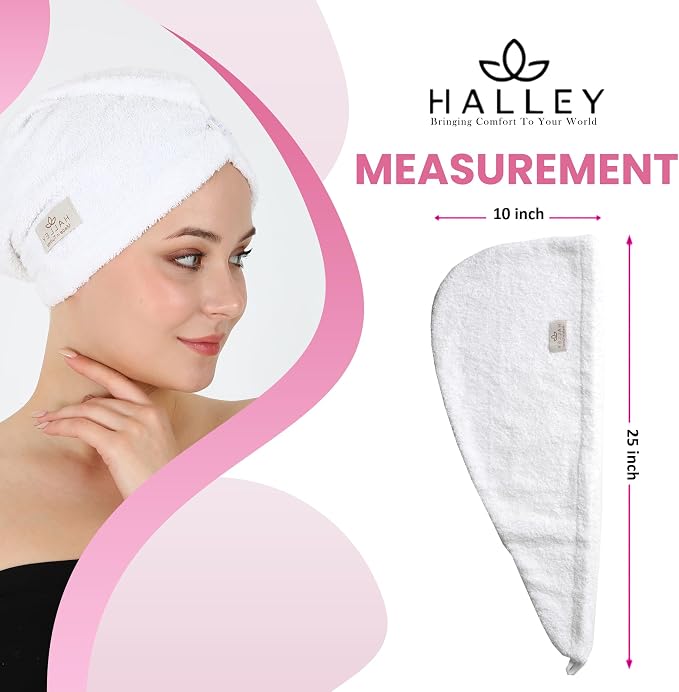 HALLEY Cotton Hair Towel Wrap (3 Packs) Super Absorbent Fast Drying Hair Towel for Thick Hair Turbans for Wet Hair with Button (White)