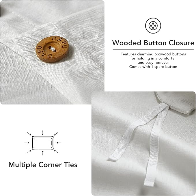 DAPU Linen Duvet Cover Set - French Linen Cotton Blend Natural Flax Soft Breathable Bedding 3 Pcs Set - 1 Duvet Cover 2 Pillowcases (Off-White/Cotton Linen, King)