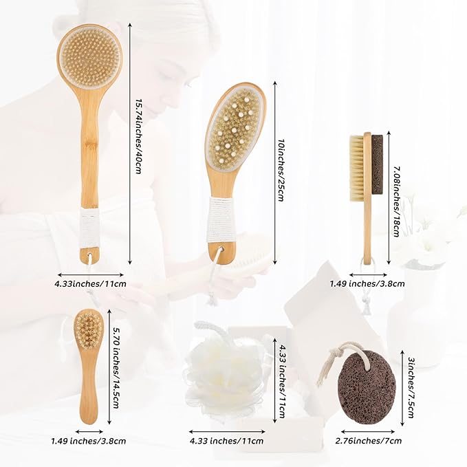 6PCS Dry Brushing Body Brush Set, Long Handle Dry Brush for Lymphatic Drainage Cellulite Treatment, Wooden Bristle Face Scrub Brush with Pumice Stone, Bath Brushing Exfoliating Back Brushes