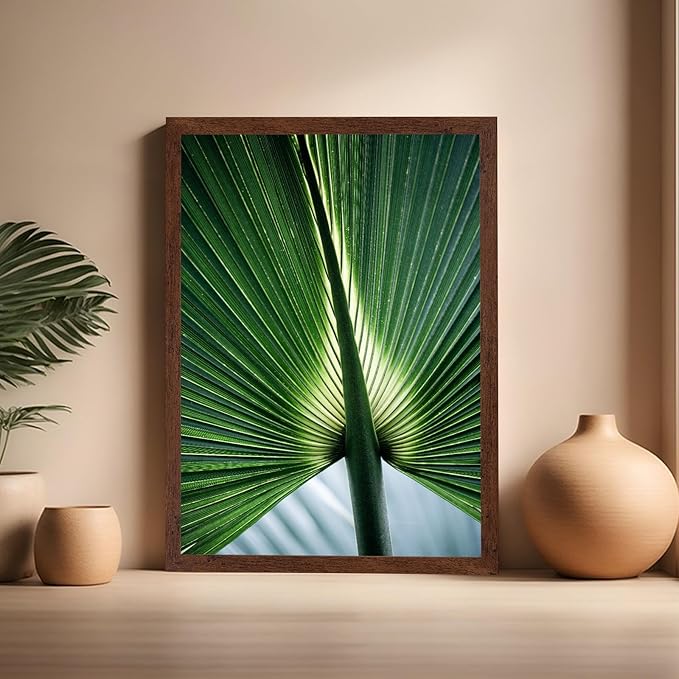 Monem Art Tropical Palm Leaf Macro Photography Print - Minimalist Botanical Nature Art Poster - Wall Decor for Living Room, Bedroom or Office - 16x20 Brown Framed Wall Art by Mareike Bohmer