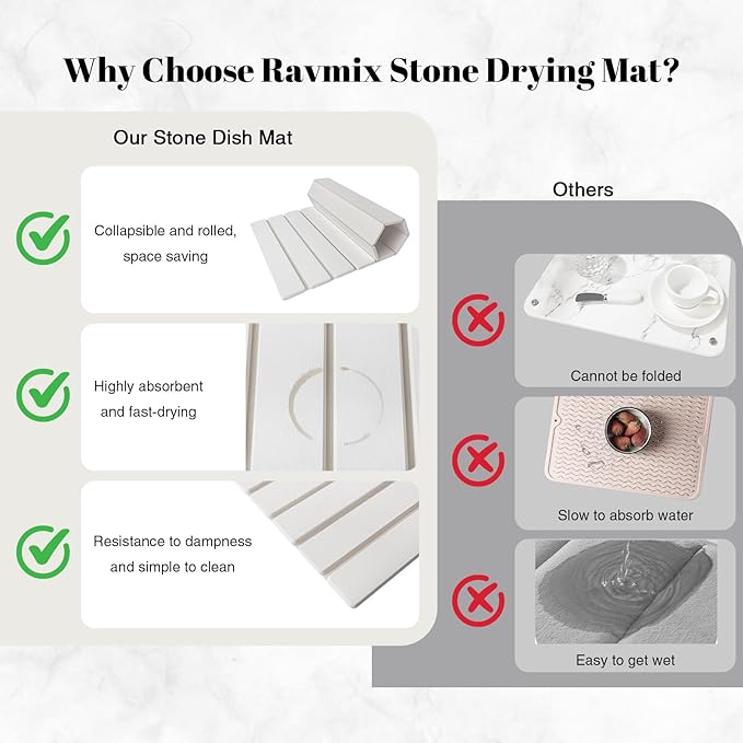3PCS Set Large Stone Drying Mat for Kitchen Counter Foldable Collapsible Fast Drying Stone Dish Mat Water Absorbing Natural Diatomaceous Earth Bath Mat Quick Dry Stone Tray Bathroom Countertop, White