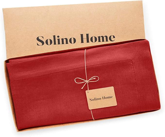 Solino Home Linen Red Tablecloth 60 x 144 Inch - 100% Pure Linen Rectangular Tablecloth - Machine Washable Table Cloth for 4th of July - Fete