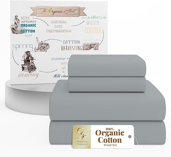 Supreme Elegance 4-Piece 100% Organic Cotton Queen Bed Sheets Set - Cooling Percale Weave for Hot Sleepers - Brushed for Softness - 16" Deep Pocket Fitted Sheet - Crisp & Breathable Sheets Set, Silver